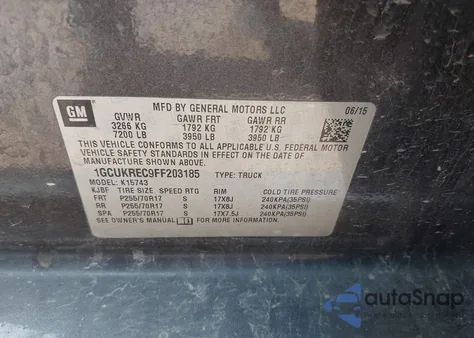 2015 Chevrolet Silverado 1500 1Lt из США, поврежденный, VIN 1GCUKREC9FF203185